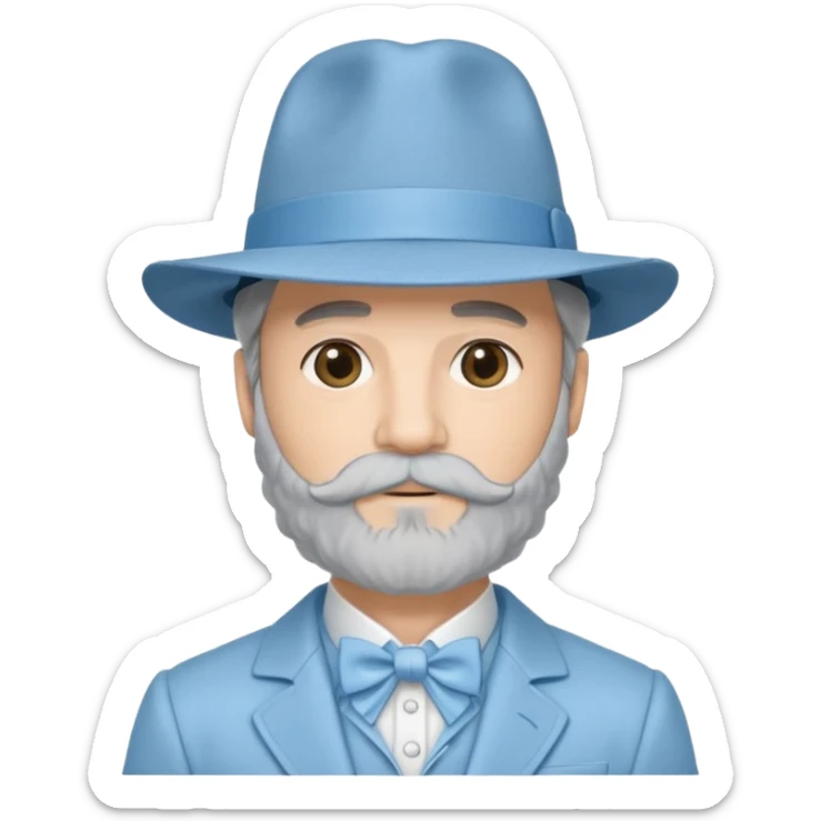 Man wearing a powder blue 1970s ruffle suit with bell bottoms, he has a powder blue fedora and a dark grey beard that comes to a point sticker