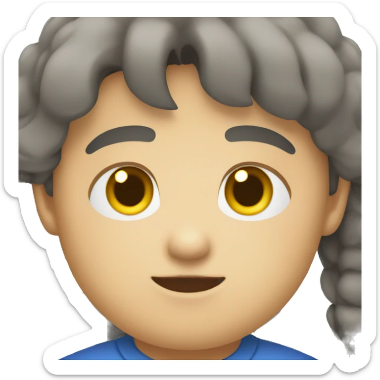 emoji of a boy with full black hair, chubby, white face, brown eyes wearing a blue shirt with yellow sleeves sticker