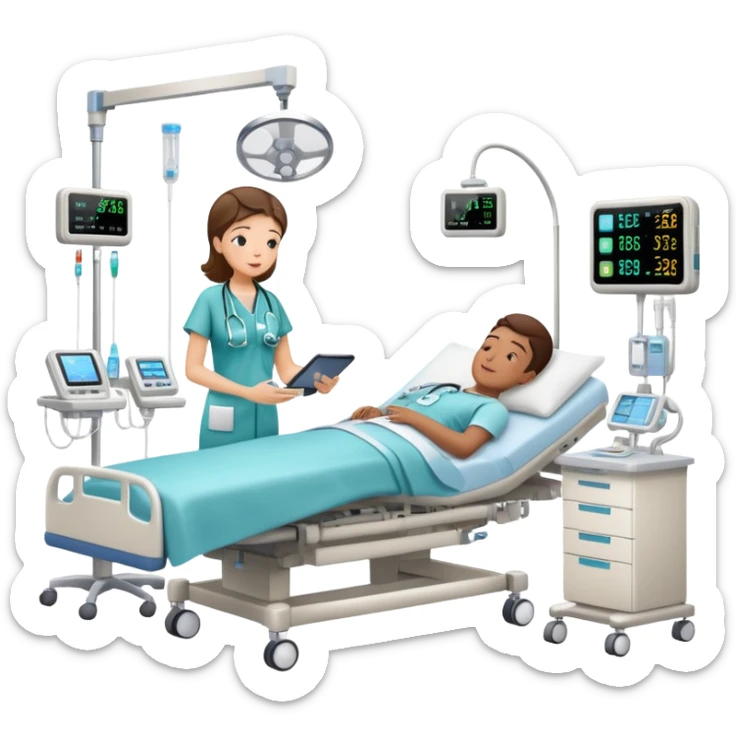 Hospital sleep laboratory room with patient in hospital bed connected to sleep monitoring equipment, nurse checking vitals, medical charts, and hospital IV stand sticker