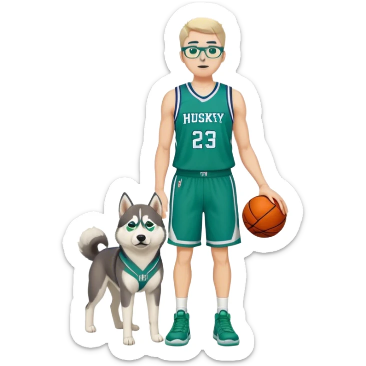 full body husky tall white male basketball wearing glasses in blue an green uniform sticker