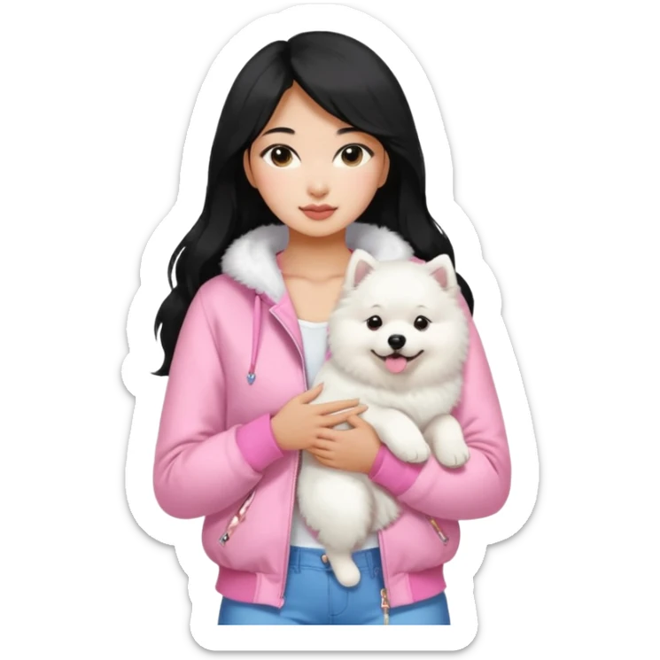 A black long hair asian pretty girl with a bright skintone using a baby pink juicy couture jacket with white tanktop holding a samoyed dog sticker