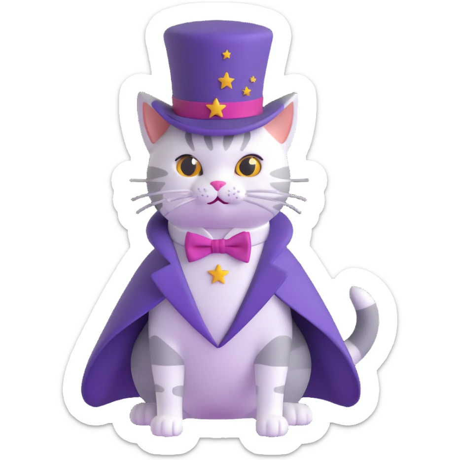 A magician cat in a top hat, a bowtie and a purple cape with stars sticker