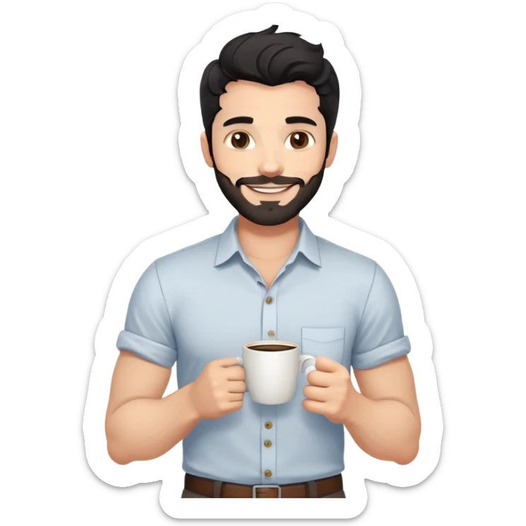 Casual portrait of a 35-year-old man with black wavy hair, stubble, strong jawline, white skin tone, wearing casual button-up shirt with rolled sleeves, holding coffee cup, friendly approachable smile, relaxed confident pose for social media sticker