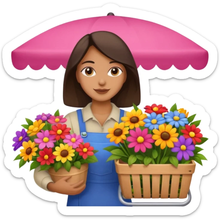 Shopper with flower bouquet,Farmers’ Market, background Flowers cart, market. sticker