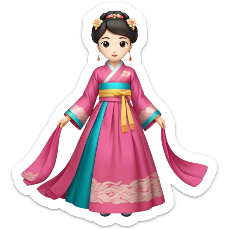 Cinematic Realistic Hanbok Emoji, depicted as a graceful intricately designed traditional Korean dress with vibrant colors and flowing lines, rendered with delicate textures and soft cultural lighting that captures its timeless elegance. sticker