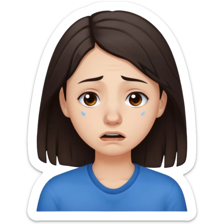 white young curly long hair girl, dark brown hair, with a blue shirt, in despair crying, brown eyes, septum nose piercing sticker
