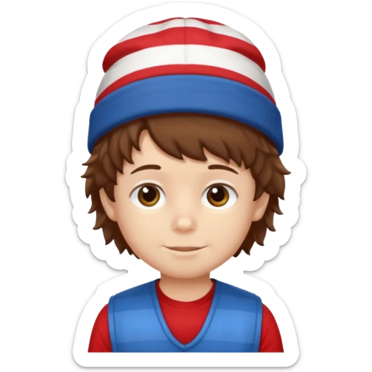 brown fluffy hair kid with blue and white hat dark blue jilet red t shirt sticker