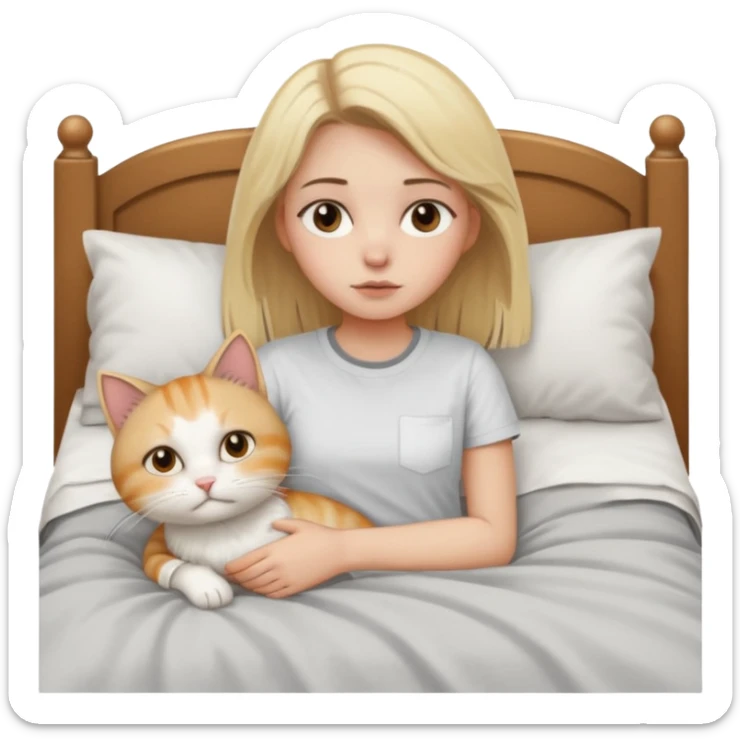 They recreate a photo of a blonde girl with light brown eyes, lying in bed sick with the flu, with her cat nearby. sticker