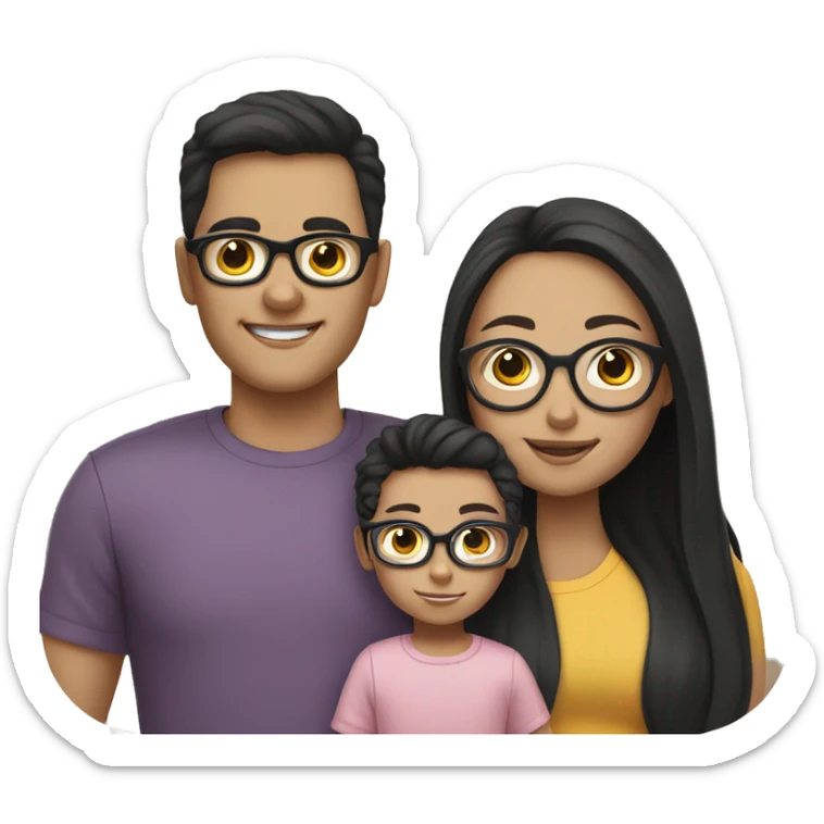 a family emoji with a big brother with glasses, younger brother and a baby sister ( white skin tone, black hair) sticker