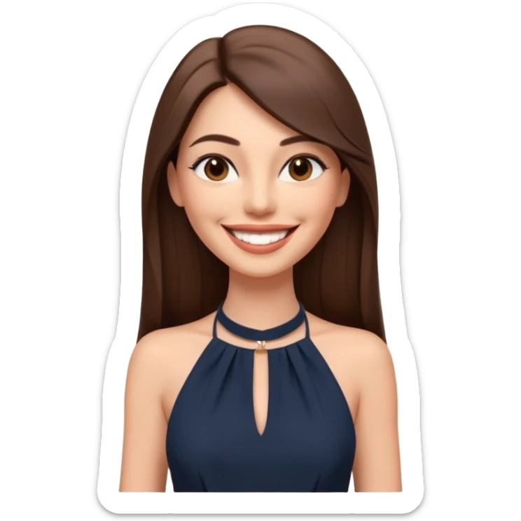 emoji-style illustration of a stylish pretty big smile woman with long straight brown hair, wearing a dark halter neck dress, elegant and chic slayed look, front-facing, soft 3D cartoon rendering, plain background sticker
