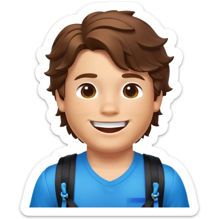a roblox thick boy has a pitch skin,brown hair that a wave,hasve a face that a smile then in the mid side it has the toung out,black shirt with blue backpack and bluee ropes and one o the ropes of  the bag it has a blue ribbon sticker