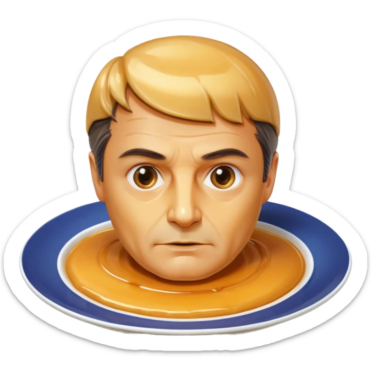 flan dessert bust and head of François Fillon, skin glossy creamy yellow flan texture and color, hair shiny translucent dripping caramel, entire face and head carved from flan, on a round white plate sticker