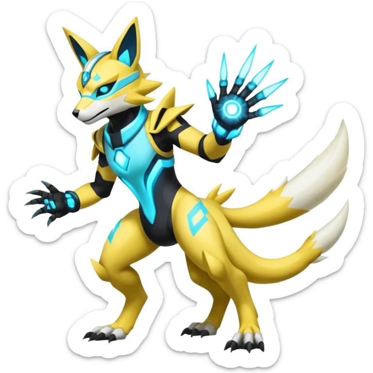 Shiny glowing neon cyan yellow white electric complex futuristic white-cyber-masked Zeraora-Renamon-Electrike-Umbreon-Lombax-Weregarurumon-fusion-creature (full body sticker