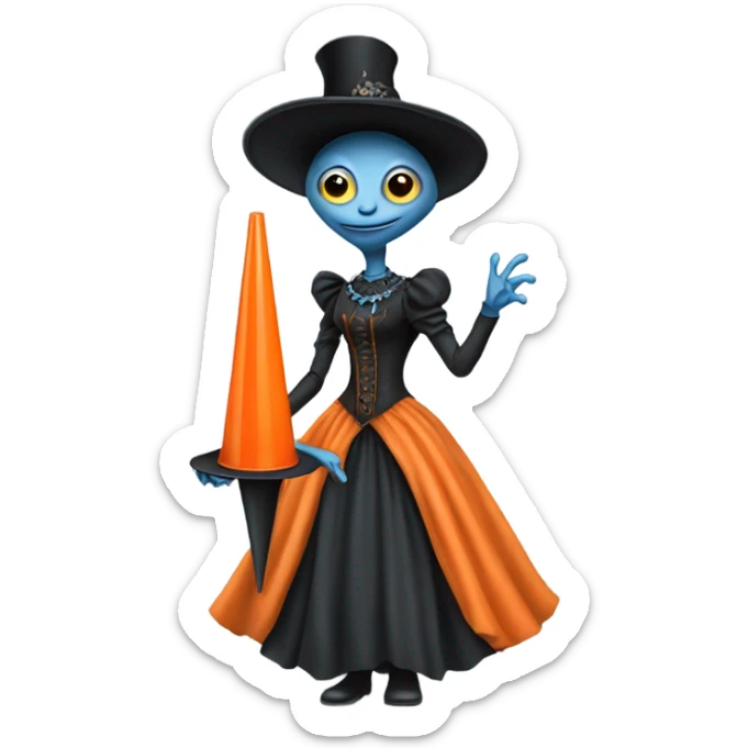 alien galora in Victorian dress elegant, full body, holding big traffic cone sticker