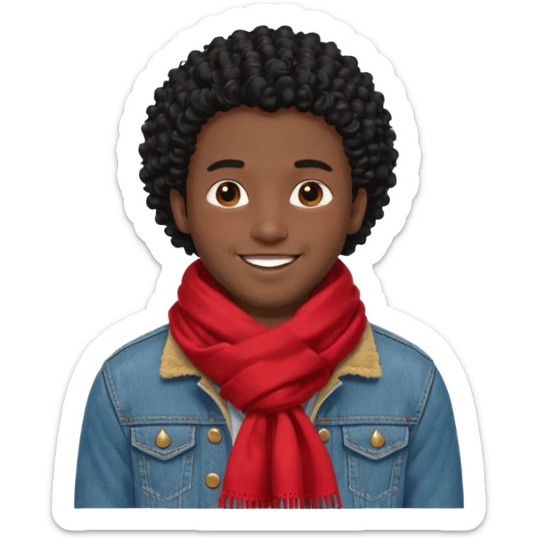 black skin man, curly black hair wear big red scraft, jean jacket sticker