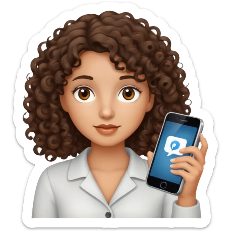 brunette girl with curly medium length hair, brown eyes, slightly tan skin, holding a phone sticker