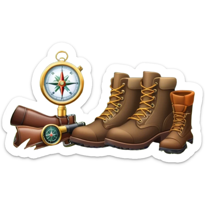 emoji for Hunting Tourism: a hunting rifle, hunting boots and a compass on a forest background, with a silhouette of wildlife in the distance. The icon should capture the adventure and connection with nature in hunting tourism. Transparent background. sticker