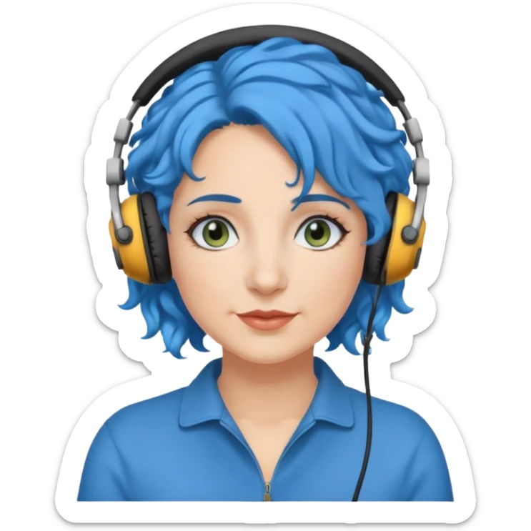 blue haired earringed heaphone wearing middle aged woman very very curly long haired and hazel eyes sticker