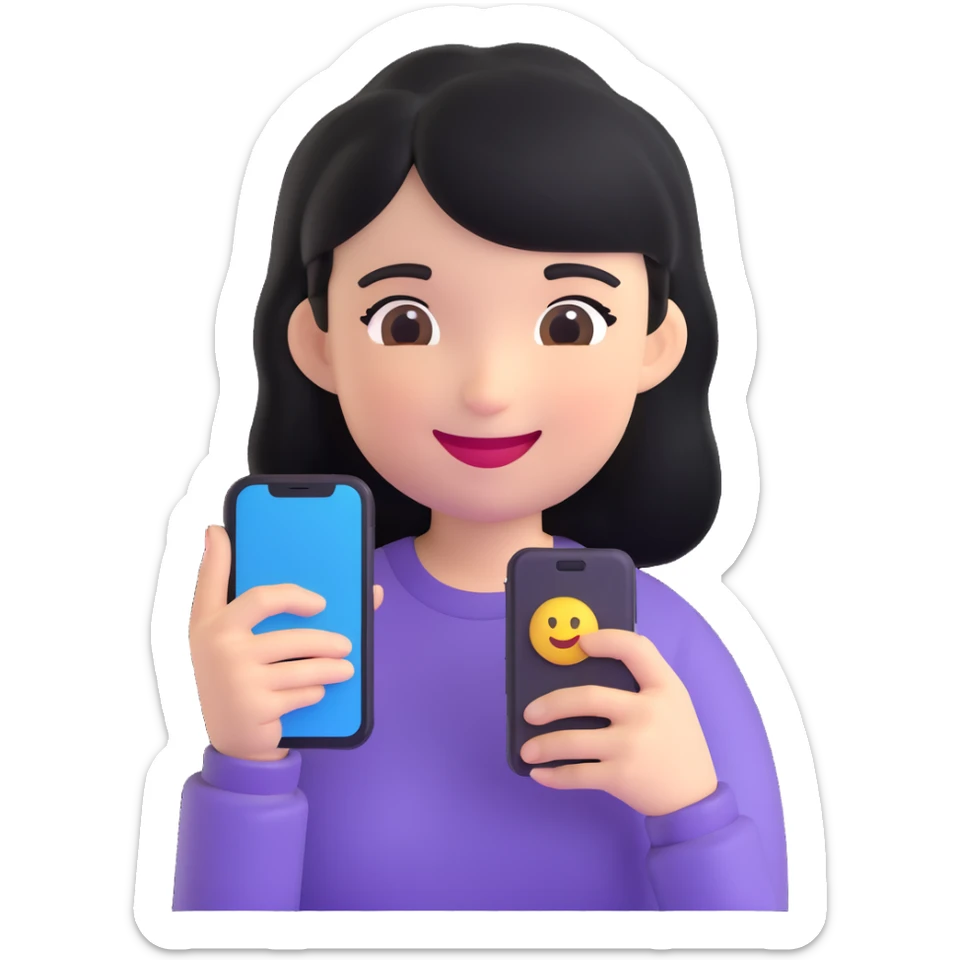 girl holding a smartphone, smiling, emoji style, with black hair sticker