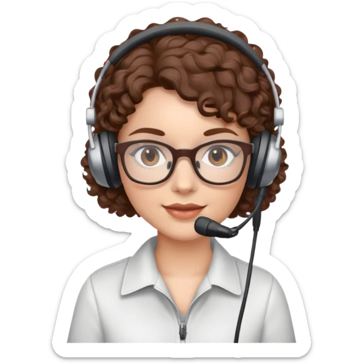 White female  Brown curly hair  Dark brown eyes  Small Square glasses  Headset with microphone sticker