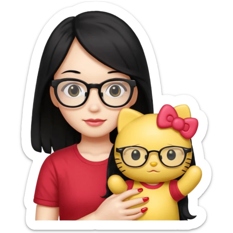 Nails cute with hello kitty wear glasses black long  hair, wear yellow shirt , red nails , big hello kitty sticker