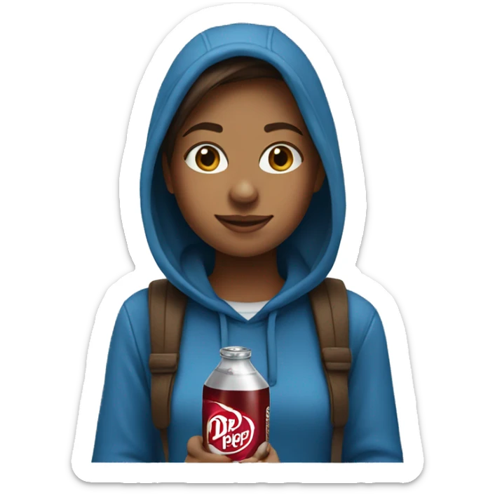 girl wearing a blue hoodie with brown hair drinking a dr pepper  sticker