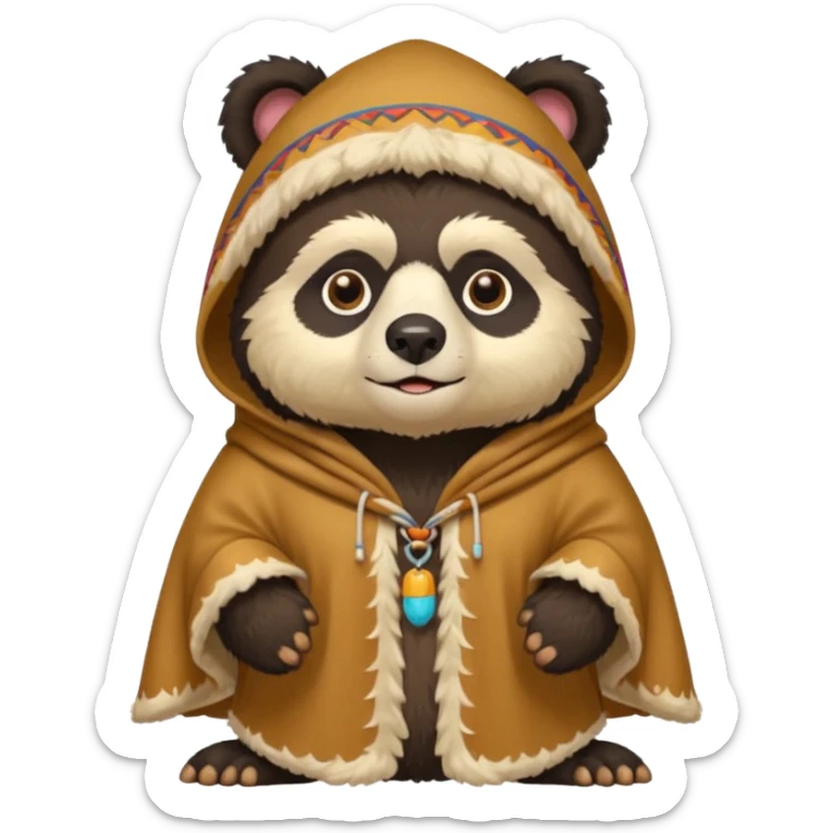 Spectacled bear wearing a chullo and a poncho that says I.T.I. CUSCO on the chest sticker