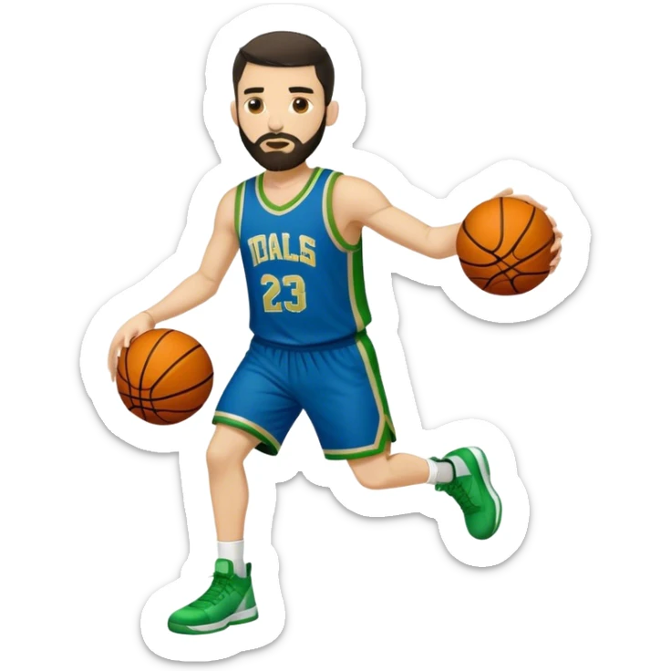 Full Body  white male basketball player with short dark hair and gold tee beard wearing blue and green uniform sticker