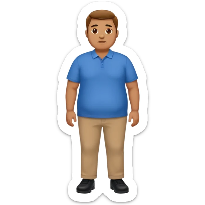 A man in a blue shirt, brown pants, and black shoes who is overweight. sticker