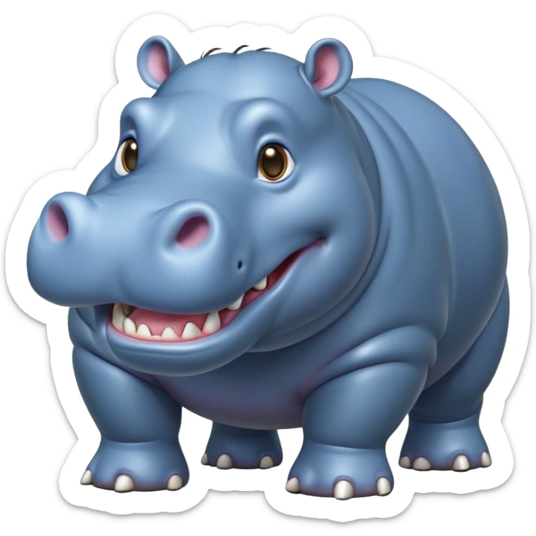 cinematic-hippo-realistic-full-body-side-view-standing-on-all-fours-emoji,-massive-round-frame,-wide-mouthed-grin-exposing-huge-teeth,-head-tilted-dramatically,-thick-greyish blue-hide-glossy, big cute eyes sticker