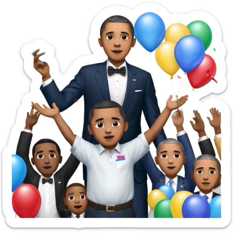 Diddy holding baby oil at a party with balloons and confetti and banners oiled up Obama is there as well holding a sign saying Obama have dih sticker