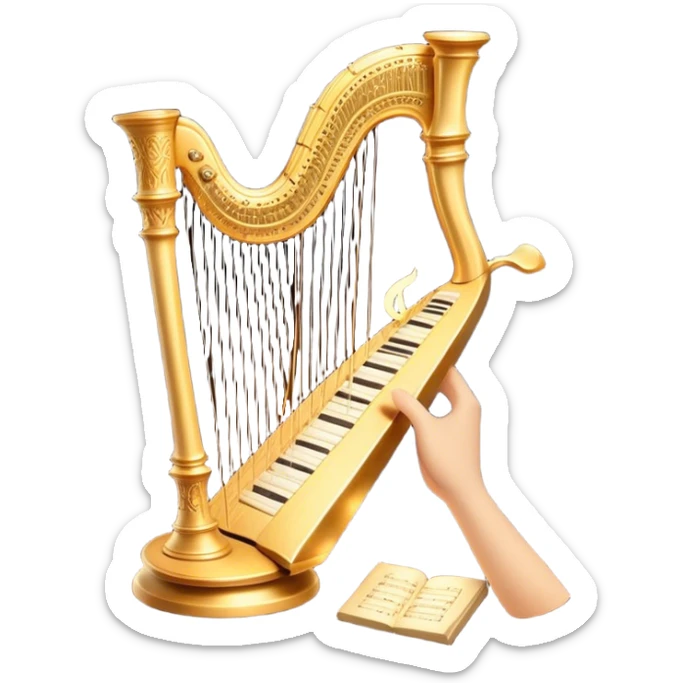 Cinematic Realistic Harp, a grand golden harp with intricately carved details, delicate strings shimmering under soft candlelight, rich wood tones adding warmth, a musician’s gentle fingers plucking a note, glowing with an ethereal and majestic aura. sticker