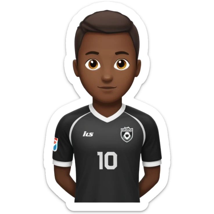 A soccer player wearing a black jersey that has white sleeves and sponsor in white in the middle of the jersey sticker
