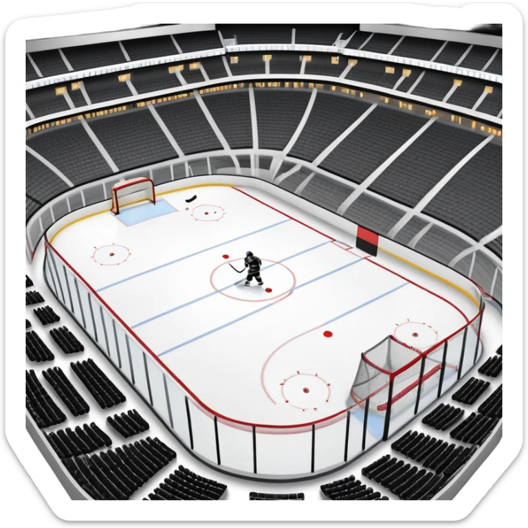An icon showing a hockey stick, puck, skates, and goalposts on the ice. The background features a large hockey stadium with cheering fans, bright lights, and a snowy landscape visible through the arena. Transparent background highlights the main hockey equipment and atmosphere. sticker