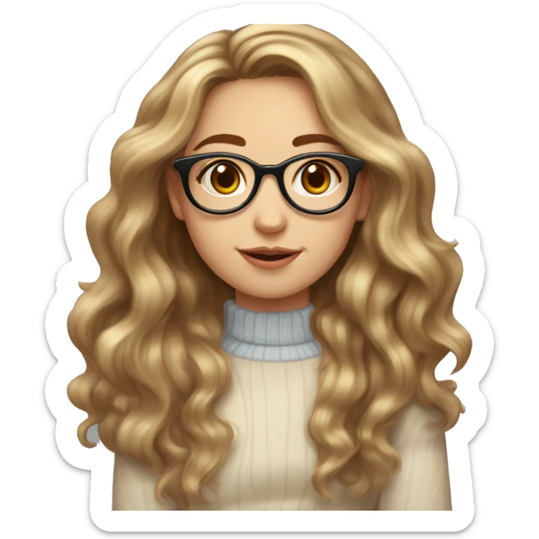 Girl with brown wavy long hair with blonde highlights, pale skin, red cheeks, brown rounded glasses, oval face, round nose and freckles   sticker