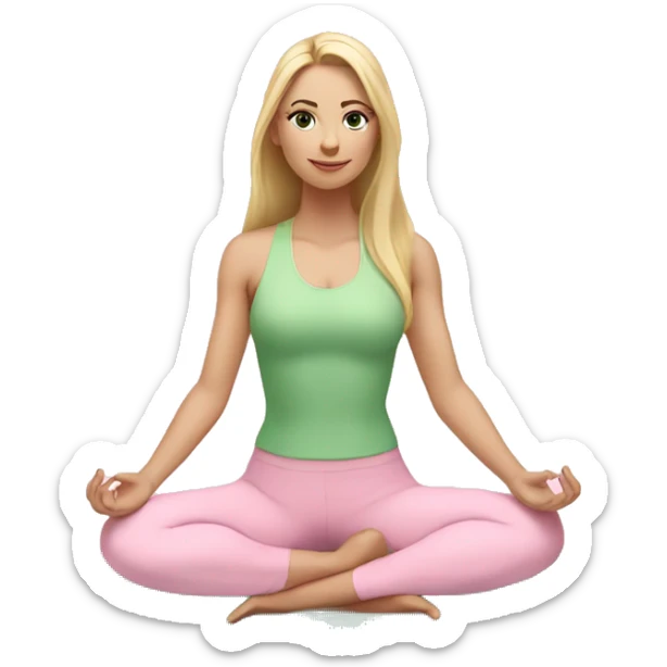 blonde long hair and green eyes yoga girl in light pink clothes sitting on a yoga mat sticker
