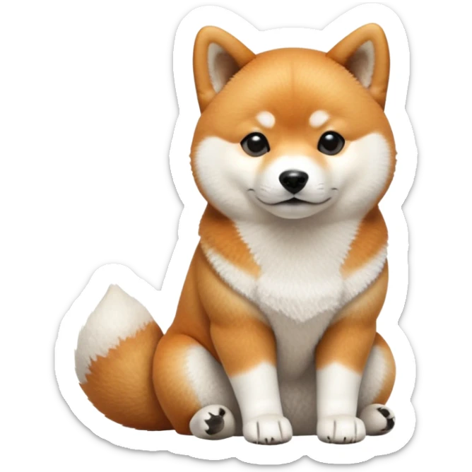 cinematic-[shiba inu]-realistic-full-body-sitting-emoji,-tail-resting-loosely-beside-its-paws,-head-tilted-dramatically, -fluffy-[orange white]-fur,-simplified-yet-realistic-focused-features,-highly-detailed,-glowing-with-an-almost-sarcastic-glow sticker