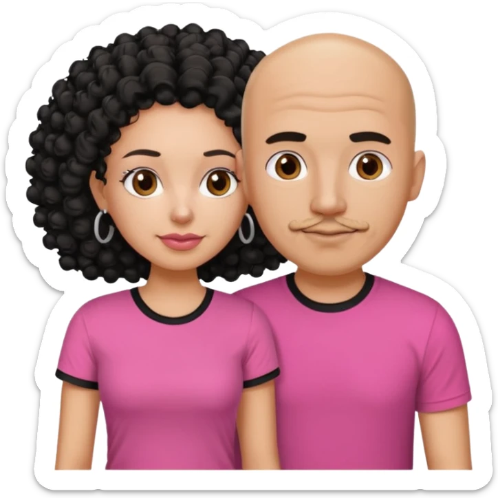 A picture if a couple, the man is a bald Mexican man with a black tee shirt on and the woman is mixed with black and white, with curly hair and a pink shirt on sticker