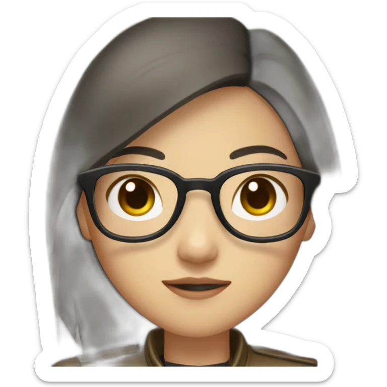 asian girl with glasses and a leather jacket with a  khaki shirt and long dark hair sticker