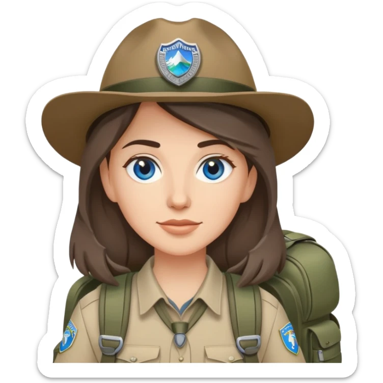 white woman park ranger with gray and brown hair, blue eyes, wearing a backpack sticker