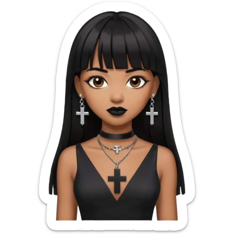 vampira parda com cabelo preto longo e liso e franja, olhos pretos, brincos em formato de cruz, choker em formato de cruz, roupa preta com decote, batom preto e sorrindo de canto sticker