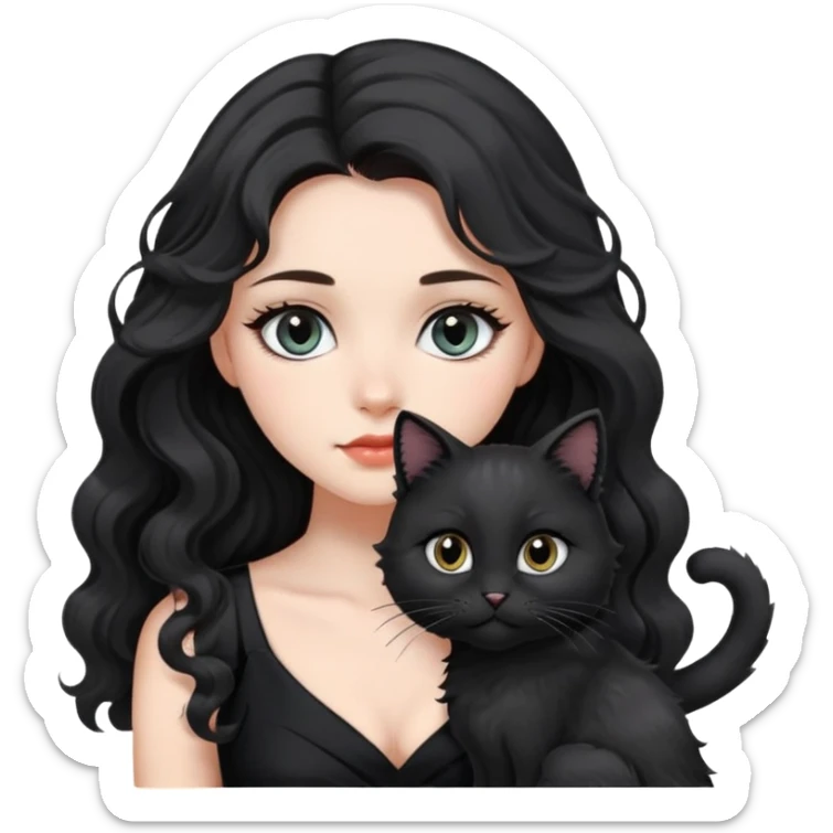 a beautiful girl with long black hair and black furry cat. She is wearing a black dress and has wave-like hair. bigger eyes and the distance between left&right eyes is closer. color of eyes are grey, no cat ears sticker
