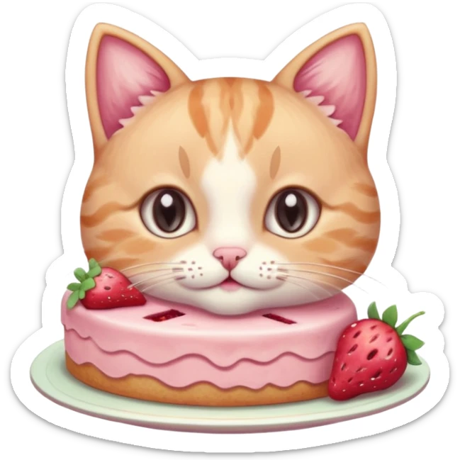A cute cat happily eating a slice of strawberry cake, pastel color palette, soft shading, big sparkling eyes, kawaii style, highly detailed digital illustration, cozy atmosphere
, sticker