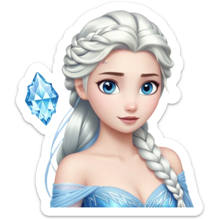 Cinematic Stunning Elsa Portrait Emoji, Ice-blue gown shimmering, platinum hair flowing in a graceful braid, piercing blue eyes glowing with icy magic, an aura of regal power and breathtaking beauty, frozen elegance at its finest! sticker