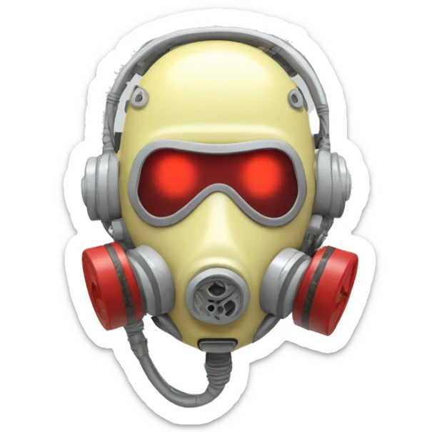 Pastel light yellow round male cyborg head with red respirator mask and circuits sticker