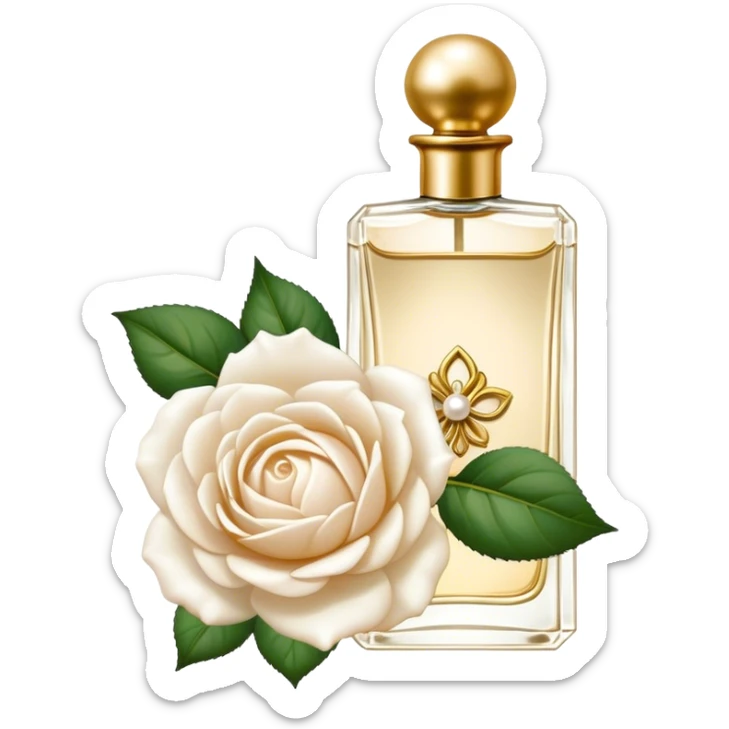 white English rose Benjamin Britten ( flower ) and pearl bow and vintage gold perfume bottle  sticker