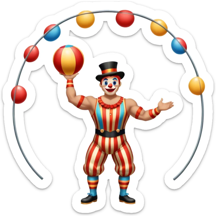 Icon for Circus Arts: a vibrant round circus arena with a strongman in a striped costume, a juggler performing and a clown entertaining the crowd. The icon should capture the energy and excitement of a circus performance. Transparent background. sticker