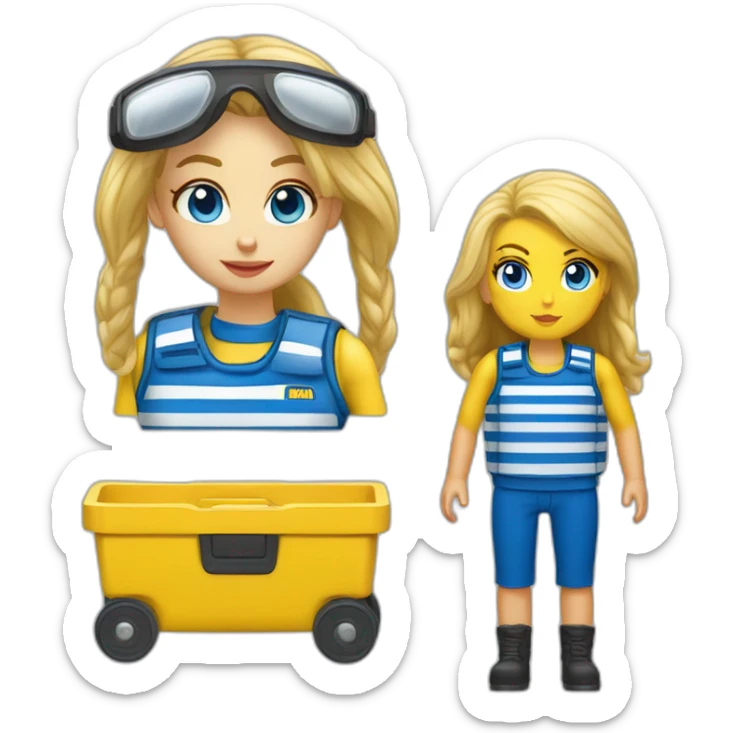 Ikea coworker blue eyes blond woman blue stripes t-shirt and yellow security vest with trolley scan sticker