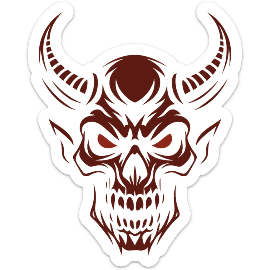 dark logo, combination of skull and horned demon, black and red colors, aggressive and impressive sticker
