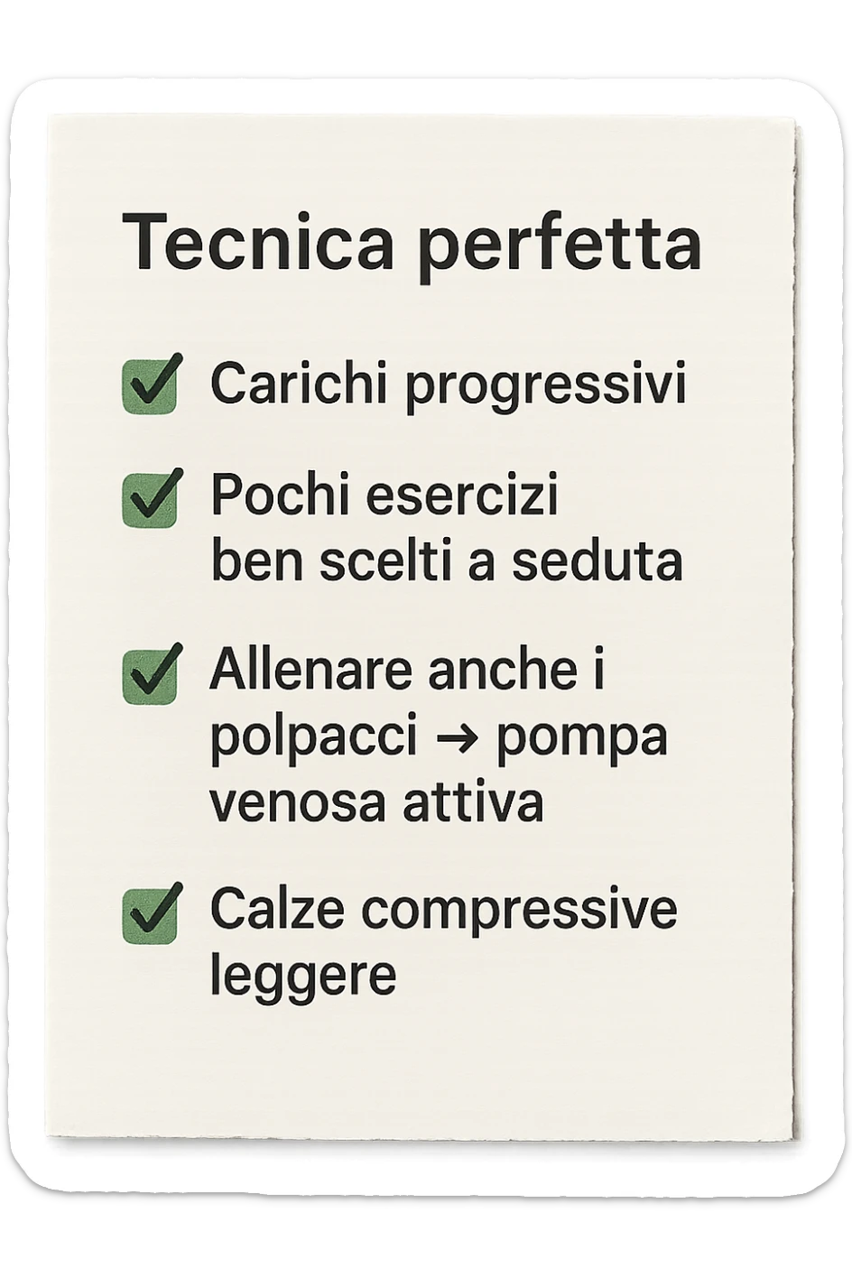 FOGLIO DI CARTA PER L'ALLENAMENTO IN PALESTRA CON LA SCRITTA "Tecnica perfetta
 ✅ Carichi progressivi
 ✅ Pochi esercizi ben scelti a seduta
 ✅ Allenare anche i polpacci → pompa venosa attiva
 ✅ Calze compressive leggere" , IPERREALISTICA 4K sticker